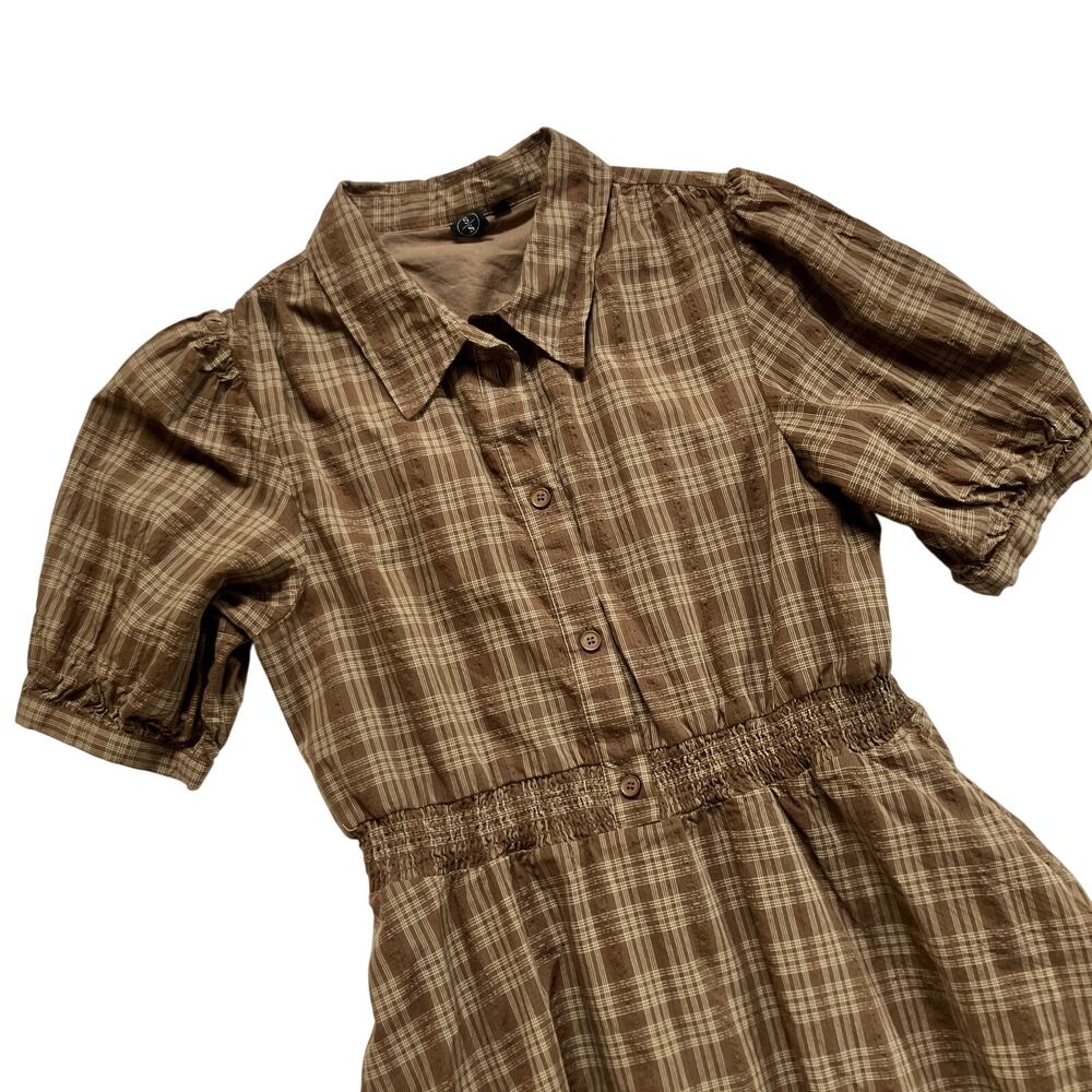 Sweet Salt Annmarie Midi Dress Size Small Puff Sleeve Collared Brown Plaid - Picture 2 of 7